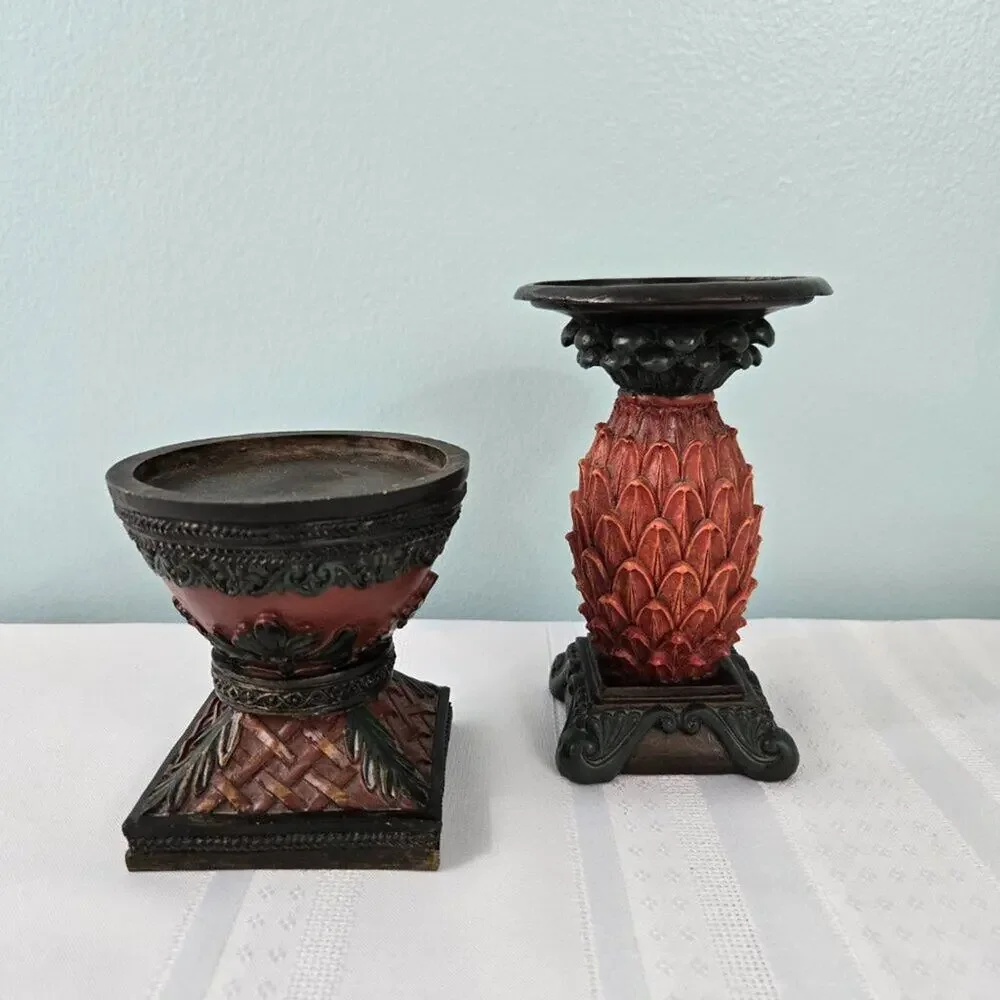 Pillar Candle Pedestals Carved Resin Tropical Bohemian Pineapple Style Set of 2